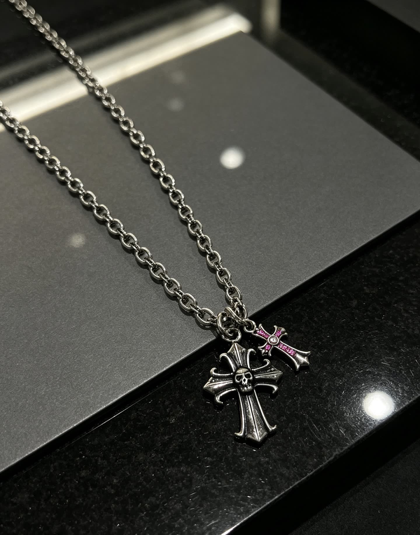 Chrome Hearts Silver Cross Pendant Necklace with Pink Crystal Accents